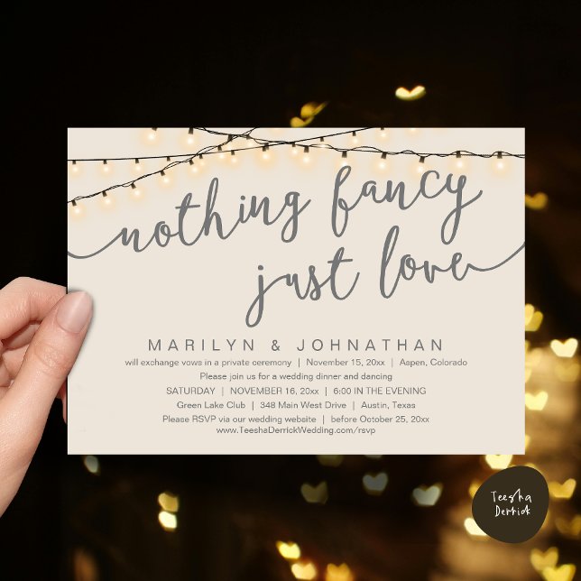 Nothing Fancy, Just Love, Rustic Wedding Dinner Invitation (Nothing Fancy, Just Love, Rustic Cottage String Lights, Wedding Dinner Invites Card, PDF, Cream Grey)