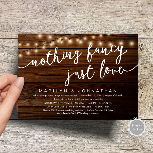 Nothing Fancy, Just Love, Rustic Wedding Dinner Invitation (Nothing Fancy, Just Love, Rustic Cottage String Lights, Wedding Dinner Invites Card, PDF, Brown Wood)