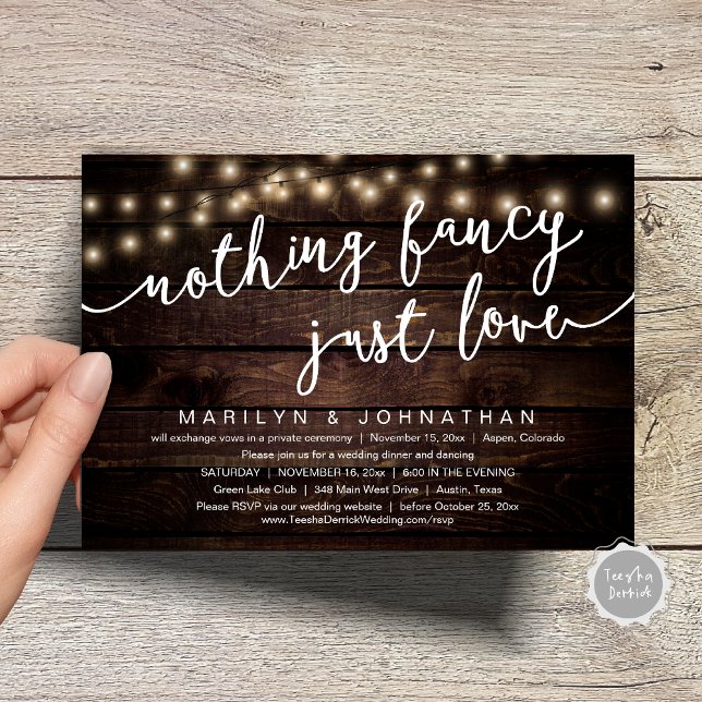 Nothing Fancy, Just Love, Rustic Wedding Dinner Invitation (Nothing Fancy, Just Love, Rustic Cottage String Lights, Wedding Dinner Invites Card, PDF, Brown Wood)