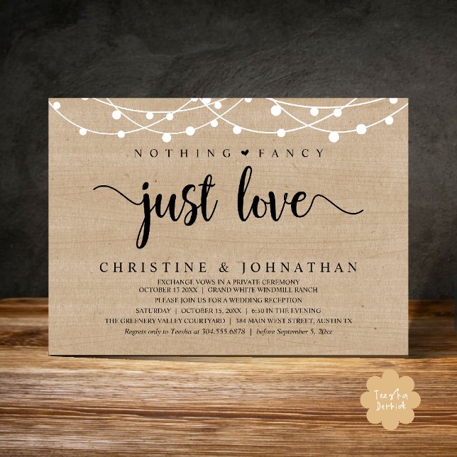 Nothing Fancy Just Love, Rustic Wedding Reception Invitation (Nothing Fancy Just Love, Rustic String Lights Wedding Reception Invitation card in brown wood)