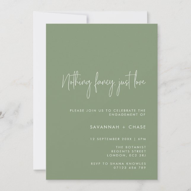 Nothing Fancy Just Love Sage Engagement Party Invitation (Front)