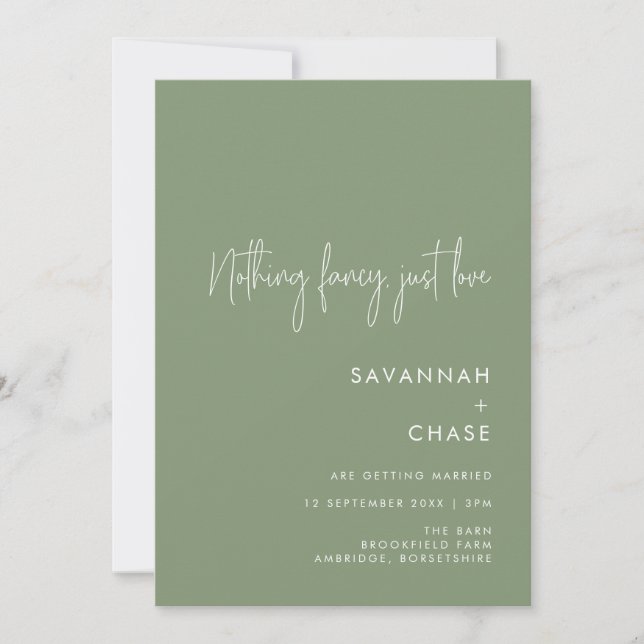 Nothing Fancy Just Love Sage Green Wedding Invitation (Front)