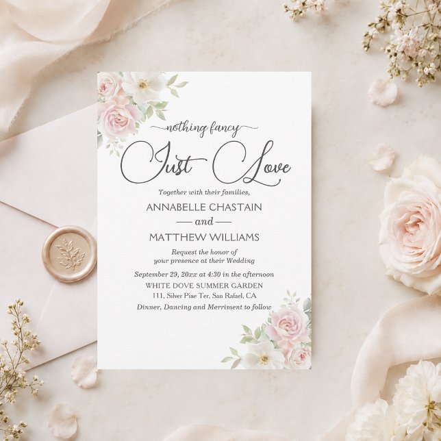 Nothing Fancy Just Love Soft Blush Roses Wedding  Invitation (Creator Uploaded)