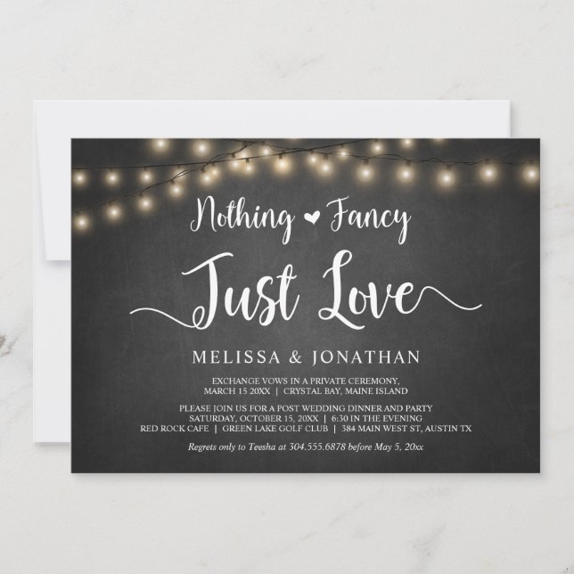Nothing Fancy, Just Love, String Lights Elopement  Invitation (Front)