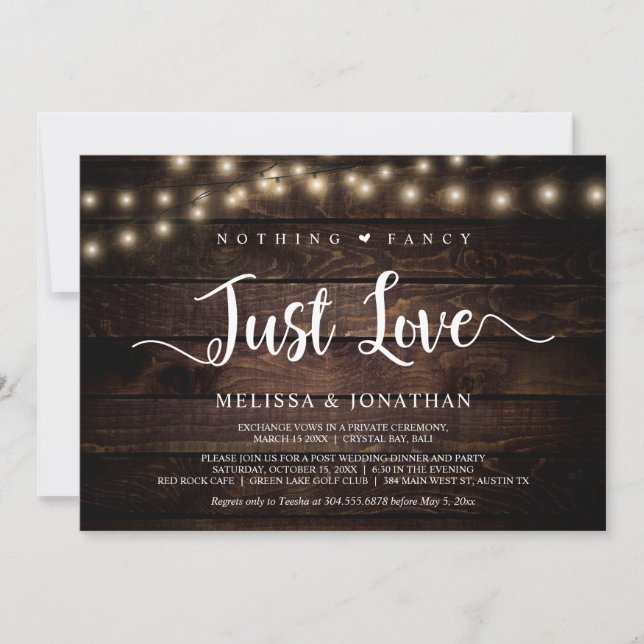 Nothing Fancy, Just Love, String Lights Elopement  Invitation (Front)