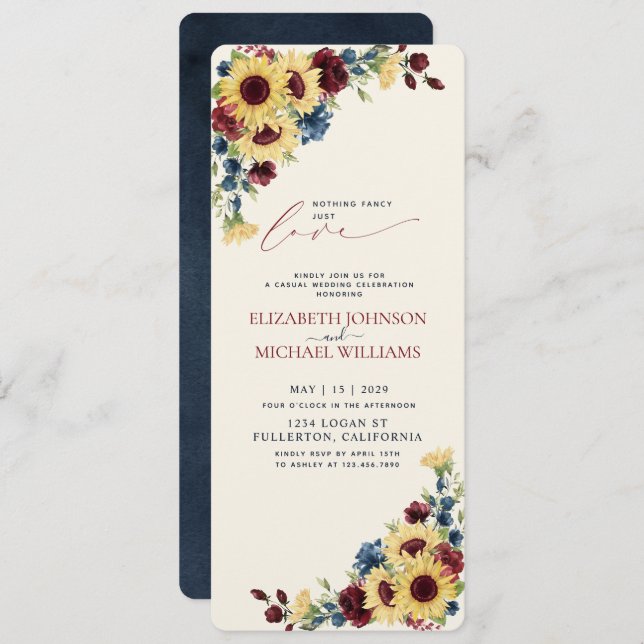 Nothing Fancy Just Love Sunflower Blue Burgundy Invitation (Front/Back)