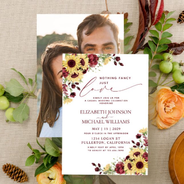 Nothing Fancy Just Love Sunflower Burgundy Photo Invitation (Creator Uploaded)