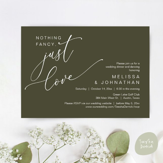 Nothing Fancy, Just Love, Wedding Dinner Dancing Invitation (Nothing Fancy, Just Love, Wedding Romantic Dinner Dancing Invitation Card, PDF, in Olive Green)
