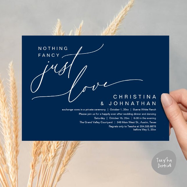 Nothing Fancy Just Love Wedding Dinner Party Invitation (Nothing Fancy Just Love Modern Romantic Wedding Dinner Lunch Brunch Party Invites Card Navy Blue)