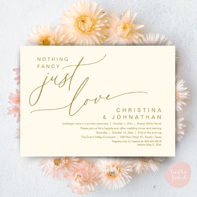 Nothing Fancy Just Love Wedding Dinner Party Invitation (Nothing Fancy Just Love Modern Romantic Wedding Dinner Lunch Brunch Party Invites Card Yellow Gold)