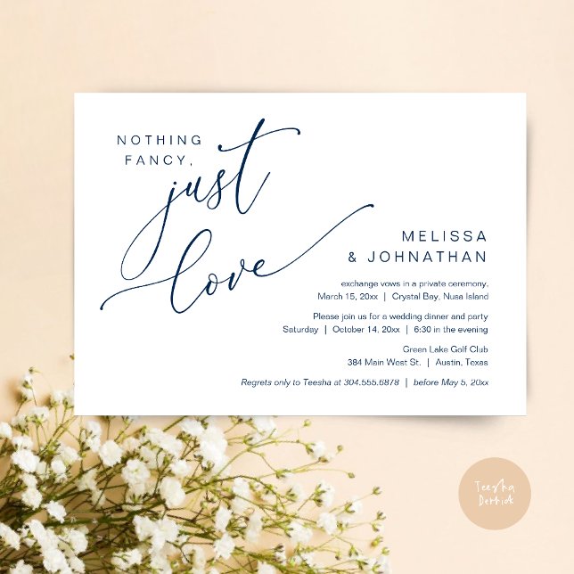 Nothing Fancy, Just Love, Wedding Elopement Dinner Invitation (Nothing Fancy, Just Love, Wedding Elopement Dinner Invitation Card, PDF, in Navy Blue)