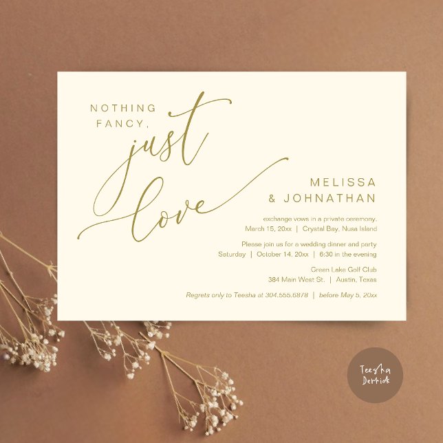 Nothing Fancy, Just Love, Wedding Elopement Dinner Invitation (Nothing Fancy, Just Love, Wedding Elopement Dinner Invitation Card, PDF, in Retro Classy Gold)