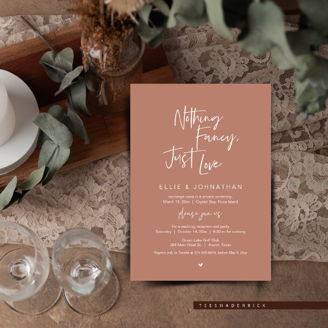 Nothing Fancy Just Love, Wedding Elopement Dinner Invitation (Nothing Fancy Just Love, Wedding Elopement Dinner or Brunch Invitation, in Rustic Terracotta Brown.)