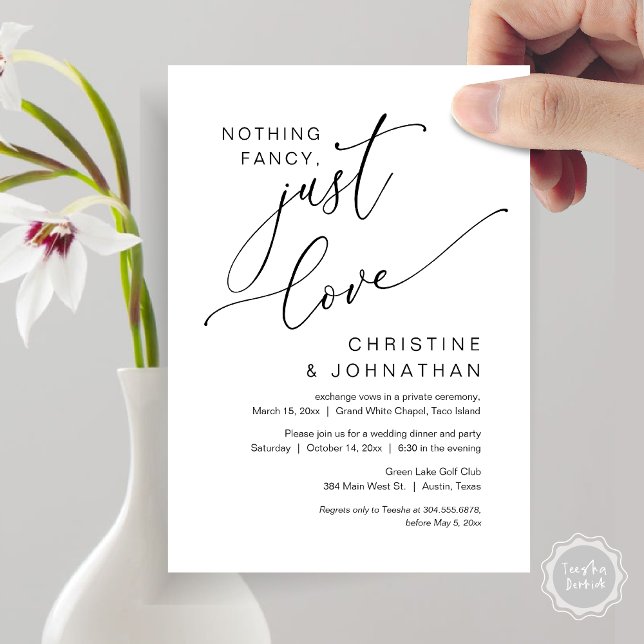 Nothing Fancy, Just Love, Wedding Elopement Dinner Invitation (Nothing Fancy, Just Love, Wedding Elopement Dinner Party Invitation Card, PDF, White Black)