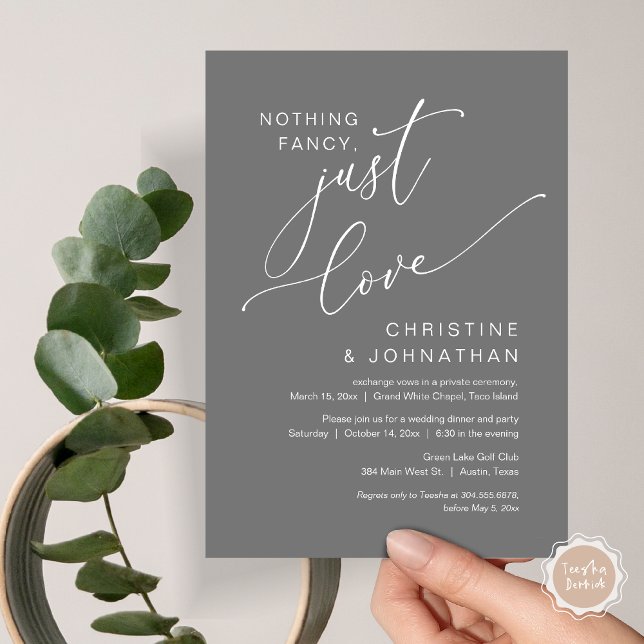 Nothing Fancy, Just Love, Wedding Elopement Dinner Invitation (Nothing Fancy Just Love, Wedding Elopement Dinner Party Lunch Brunch Invitation Card, PDF, Dark Grey)