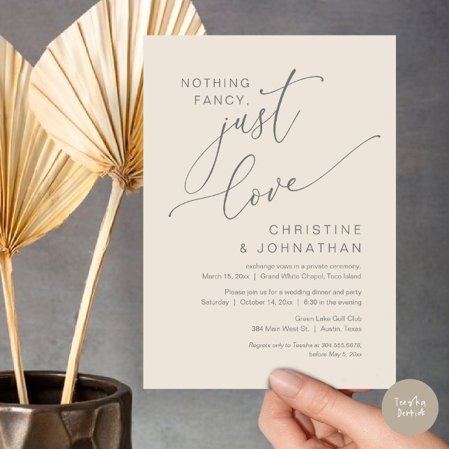 Nothing Fancy, Just Love, Wedding Elopement Dinner Invitation (Nothing Fancy Just Love Wedding Elopement Dinner Party Lunch Brunch Invitation Card, PDF, Grey Cream)