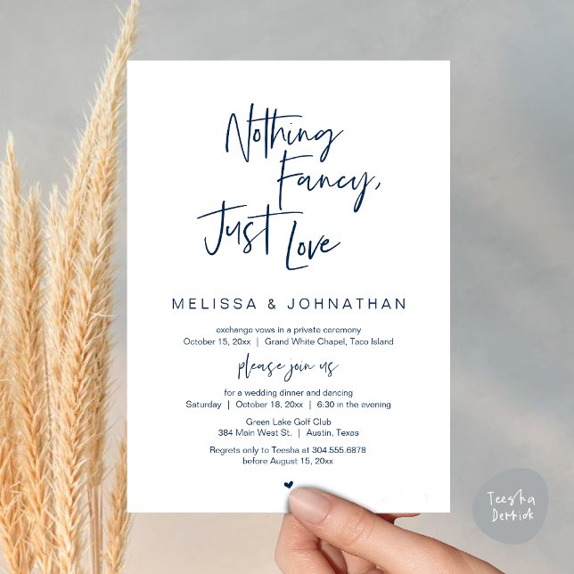 Nothing Fancy, Just Love, Wedding Elopement Dinner Invitation (Happily Ever After Party, Wedding Elopement Dinner Brunch Lunch Invitation Card, PDF, Navy Blue)
