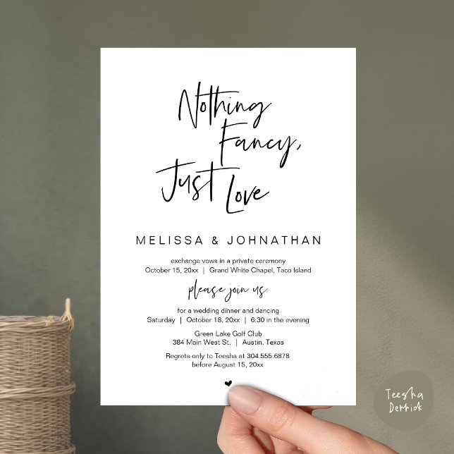 Nothing Fancy, Just Love, Wedding Elopement Dinner Invitation (Happily Ever After Party, Wedding Elopement Dinner Brunch Lunch Invitation Card, PDF, White Black)