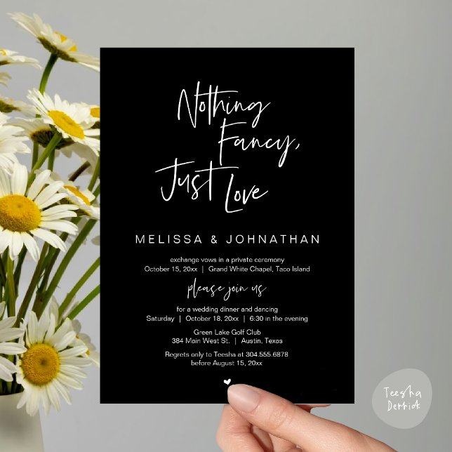 Nothing Fancy, Just Love, Wedding Elopement Dinner Invitation (Happily Ever After Party, Wedding Elopement Dinner Brunch Lunch Invitation Card, PDF, Classy Black)
