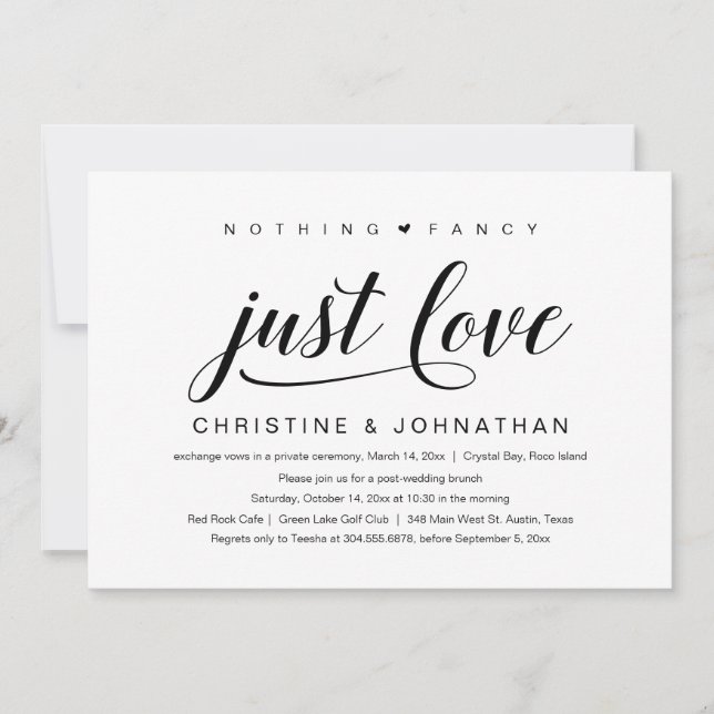 Nothing Fancy, Just Love, Wedding Elopement Invita Invitation (Front)