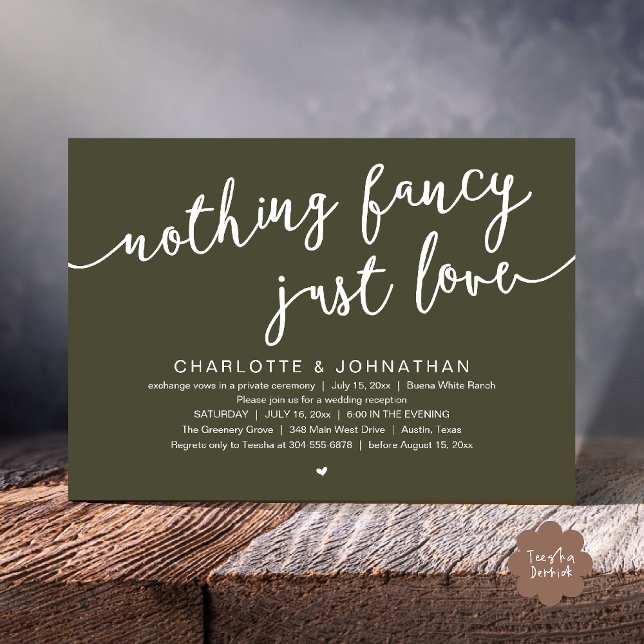 Nothing Fancy, Just Love, Wedding Elopement Party Invitation (Nothing Fancy, Just Love, Wedding Elopement Dinner Lunch Brunch Party Invites Card  PDF Olive Green)