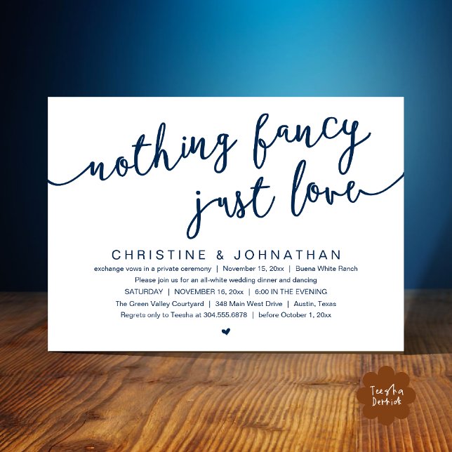 Nothing Fancy, Just Love, Wedding Elopement Party Invitation (Nothing Fancy, Just Love, Wedding Elopement Party Invites Card PDF Modern Cottage Rustic Navy Blue)