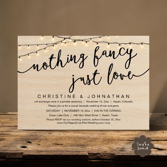 Nothing Fancy, Just Love, Wedding Elopement Party Invitation (Nothing Fancy, Just Love, Wedding Elopement Party Invites Card PDF Rustic Cottage Light Brown Wood)