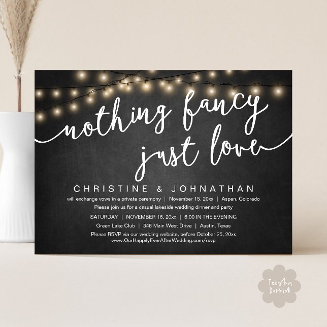 Nothing Fancy, Just Love, Wedding Elopement Party Invitation (Nothing Fancy, Just Love, Wedding Elopement Party Invites Card PDF String Lights Black Chalkboard)