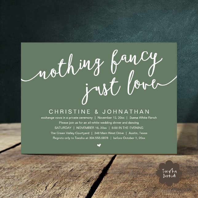 Nothing Fancy, Just Love, Wedding Elopement Party Invitation (Nothing Fancy, Just Love, Wedding Elopement Party Invites Card PDF Cottage Rustic Sage Green)