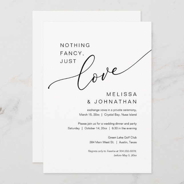 Nothing Fancy, Just Love, Wedding Elopement Party  Invitation (Front/Back)