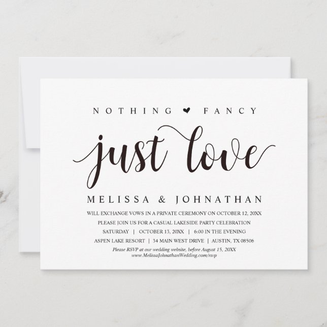 Nothing Fancy, Just Love, Wedding Elopement Party  Invitation (Front)