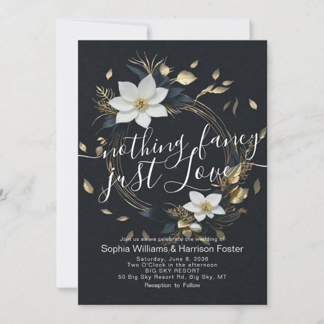 Nothing Fancy Just Love Wedding Gold Floral Wreath Invitation (Front)
