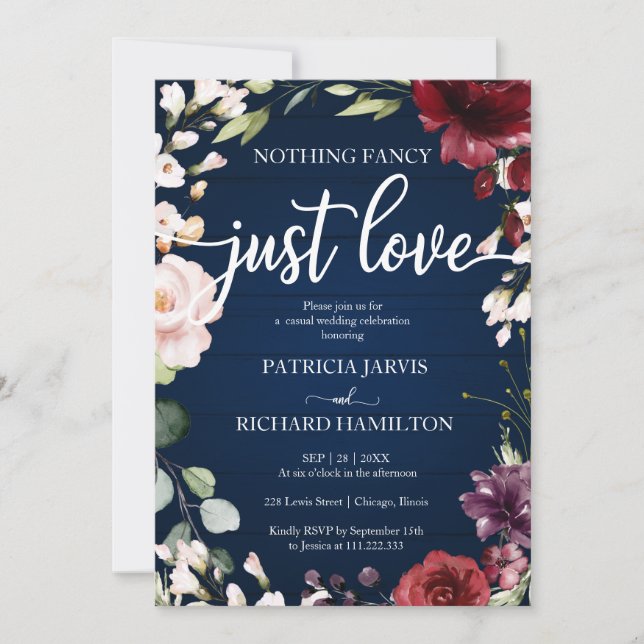 Nothing Fancy Just Love Wedding Navy Blue Floral Invitation (Front)