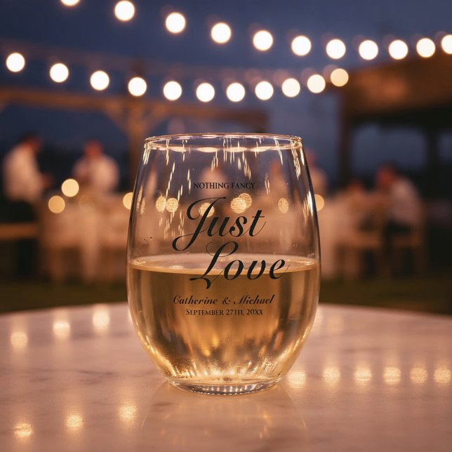 Nothing Fancy Just Love Wedding  Stemless Wine Glass (Front view romantic wedding glass with coffee brown elegant modern wedding calligraphy )