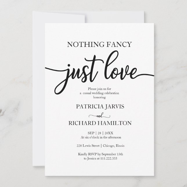 Nothing Fancy Just Love Wedding White Back  Invitation (Front)