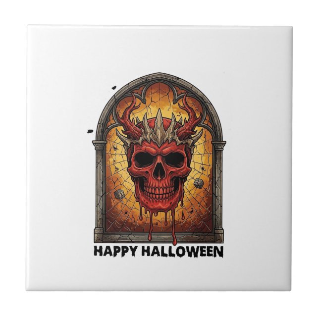 Nothing Scares Me Red Horned Skull Spider Web Hall Tile (Front)