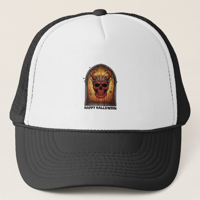 Nothing Scares Me Red Horned Skull Spider Web Hall Trucker Hat (Front)