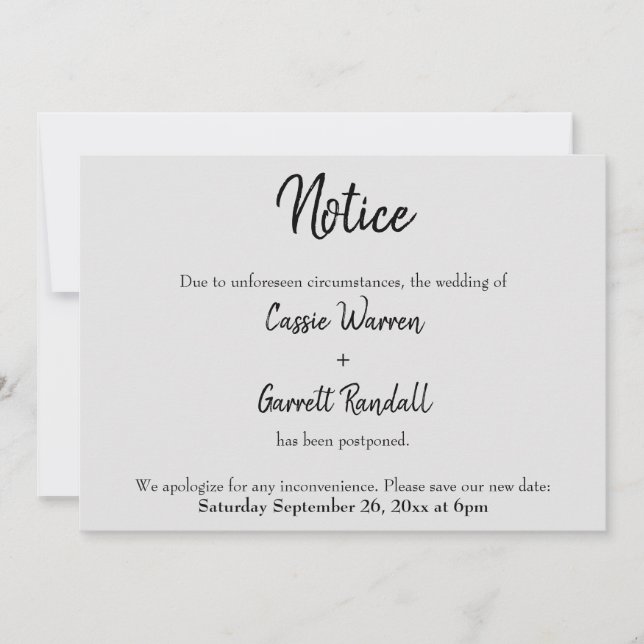 "Notice" Postponed Wedding Black on Grey Card (Front)