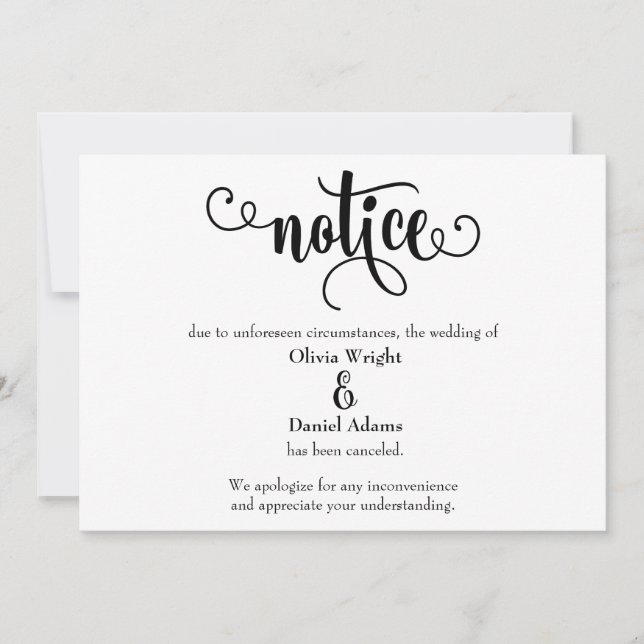 Notice Typography Cancelled Wedding Announcement (Front)