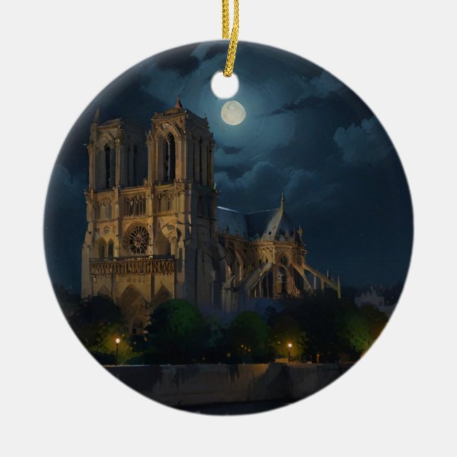 Notre Dame and Full Moon Art Ceramic Tree Decoration (Front)