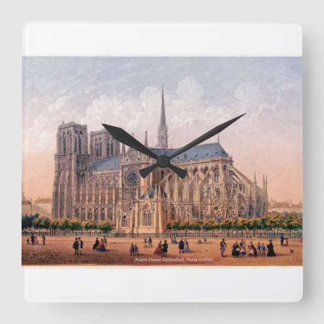 Notre Dame Cathedral 1870 print, Paris France Square Wall Clock (Front)