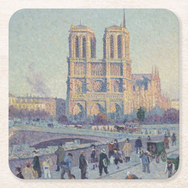 Notre Dame Cathedral Paris France Classic Painting Square Paper Coaster (Front)