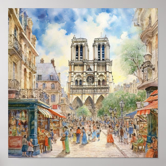 Notre Dame Cathedral Paris Scene Art Poster