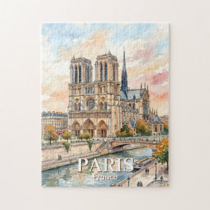 Notre Dame de Paris Cathedral Watercolor Travel Jigsaw Puzzle