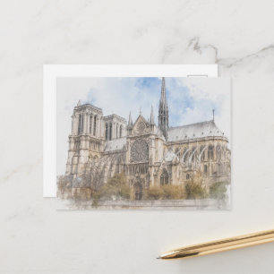 Notre Dame Watercolor Print, Paris Cathedral Art  Holiday Postcard
