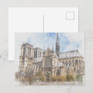 Notre Dame Watercolor Print, Paris Cathedral Art Postcard