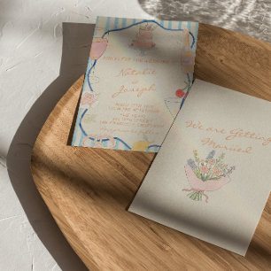 Nouveau Art Hand Drawn Striped Whimsical Wedding Invitation