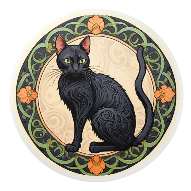 Nouveau Black Cat Ceramic Knob (Front)