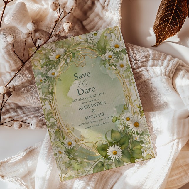 Nouveau Daisies Ivory Green Wedding Save The Date (Creator Uploaded)