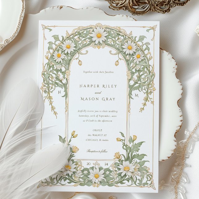 Nouveau Daisies Wedding in Ivory and Green Invitation (Creator Uploaded)